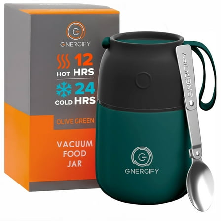 ENERGIFY Vacuum Insulated Thermos Food Container, Stainless Steel, 17oz, Olive Green