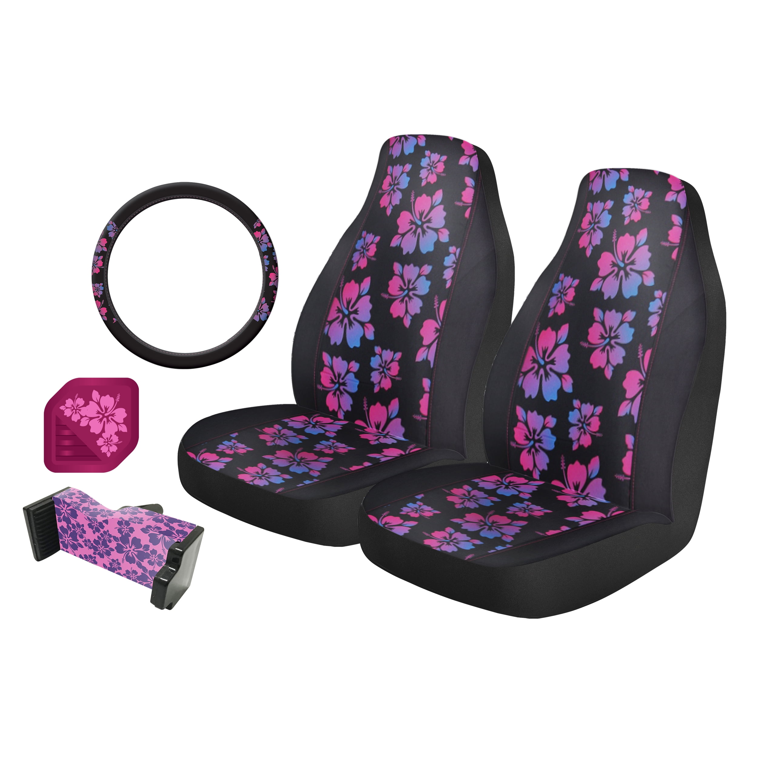 Auto Drive Universal Car Seat And Steering Wheel Cover Kit Purple Hibiscus Com - Hibiscus Print Car Seat Covers