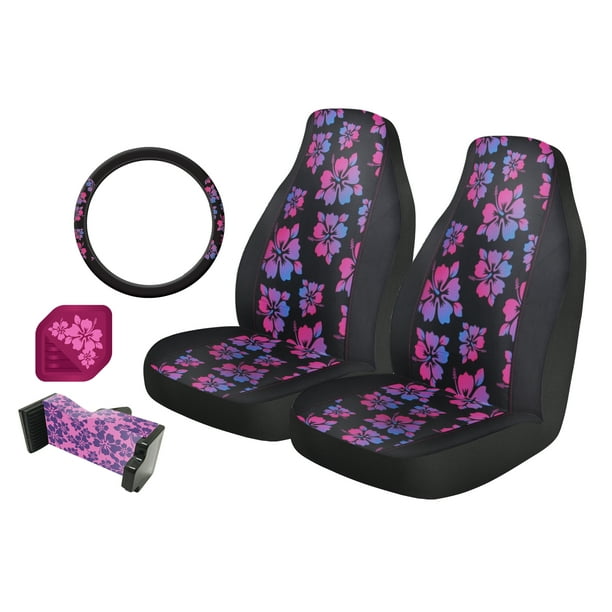 Auto Drive Universal Car Seat And Steering Wheel Cover Kit Purple Hibiscus Com - Seat Covers And Steering Wheel Cover