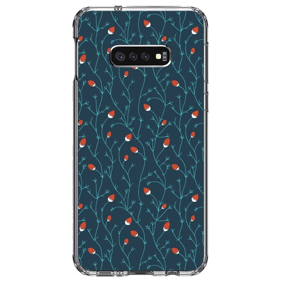 DistinctInk Clear Shockproof Hybrid Case for Samsung Galaxy S10e (5.8" Screen) - TPU Bumper, Acrylic Back, Tempered Glass Screen Protector - Modern Floral - Strawberry Vine - Teal Navy