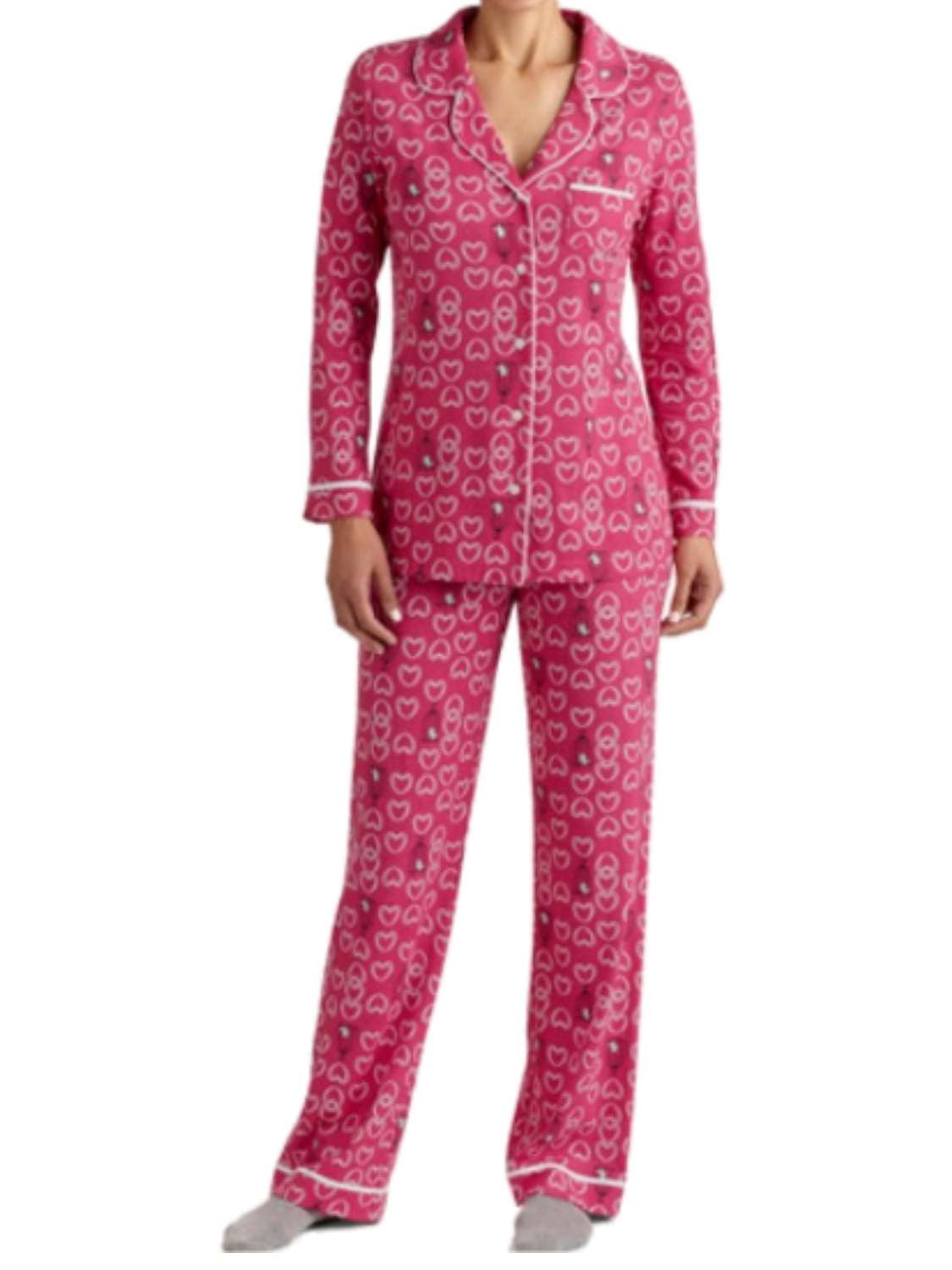 Valentine - Valentines Womens Pink Heart Notched Collar Button Up