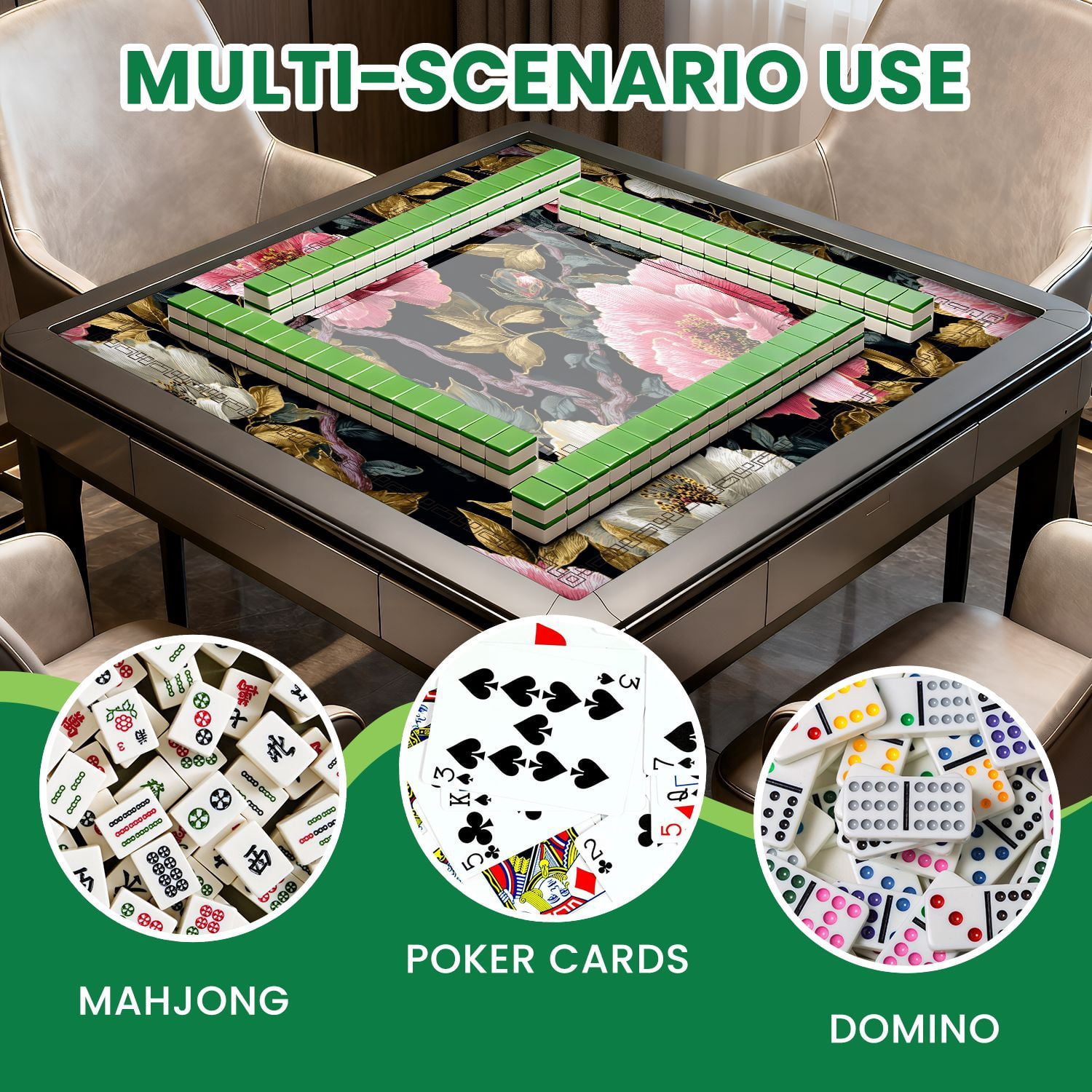 Mahjong Mat 31.5" x 31.5" Peonies pheasants Floral vintage seamless flowers Non-Slip Noise Reduction American Mahjong Tiles Table Cover for Dominoes Poker Card Board Games Gift