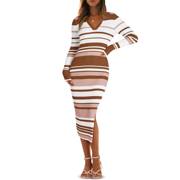 Saodimallsu Womens Striped Sweater Dress V Neck Collared Slim Fit Fall Knit Trendy Sexy Bodycon Slit Midi Dresses Brown