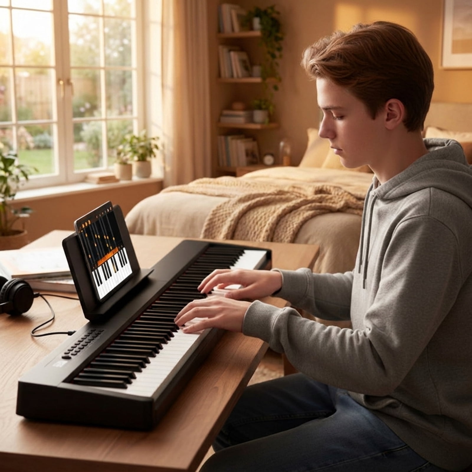 Redsmile 88-Key Velocity-Sensitive Digital Piano with Dual Keyboard, Recording and Black Wood-Texture Cabinet, Black