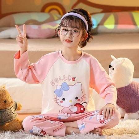 

Sanrio Hello Kitty Children Pajamas Suit Cartoon Long-Sleeved Cinnamoroll Kuromi Autumn Anime Y2K Sleepwear Student Kids Clothes