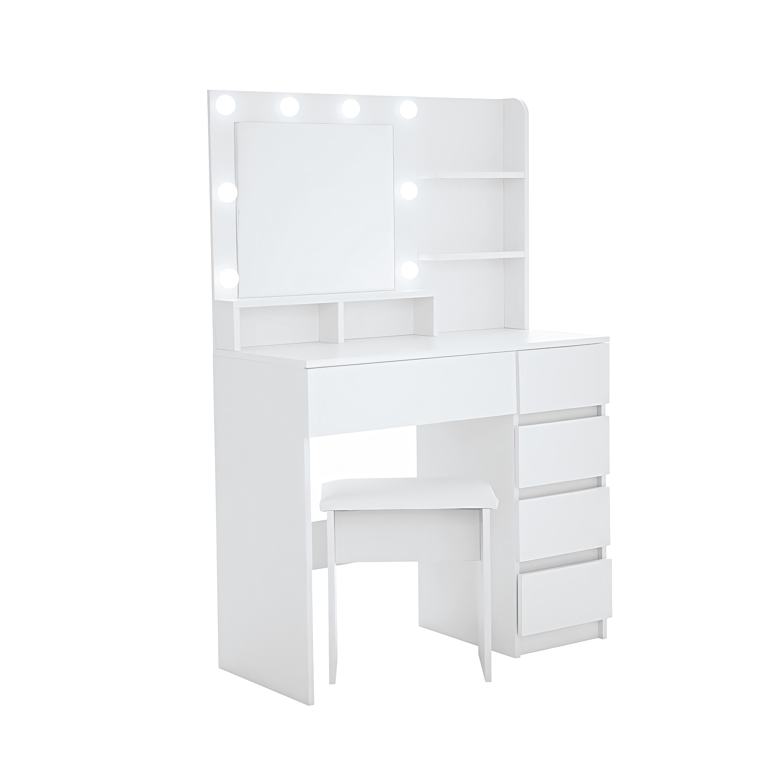 BaPiPro Vanity Desk Set with Lighted Mirror & Stool, White Makeup Vanity Table with 3 Lighting Modes & Adjustable Brightness, Large Storage Dressing Table for Bedroom