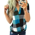 thumbnail image 2 of Sonducket Camiseta de mujer con cuello en V y manga corta con estampado a cuadros, blusa informal Prendas para la parte del cuerpo lago azul XXL, 2 of 3