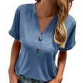 thumbnail image 2 of Xmarks Women's Summer Button Short Sleeve T-Shirt Summer V-Neck Solid Color Casual top Blue 2XL, 2 of 5