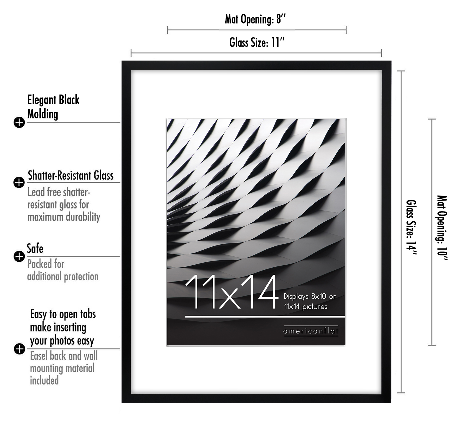 Americanflat 11x14 Picture Frame with Shatter-Resistant Glass - Use as 8x10 Frame with Mat or 11x14 Frame Without Mat - Streamline Collection - Thin Photo Frame for Wall Display - Black