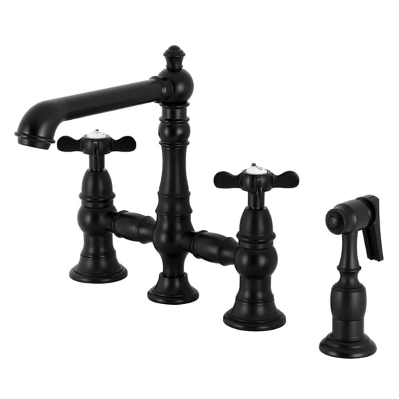 Kingston Brass KS7270BEXBS Essex Two-Handle 4-Hole Deck Mount Bridge Kitchen Faucet with Brass Side Sprayer in Matte Black