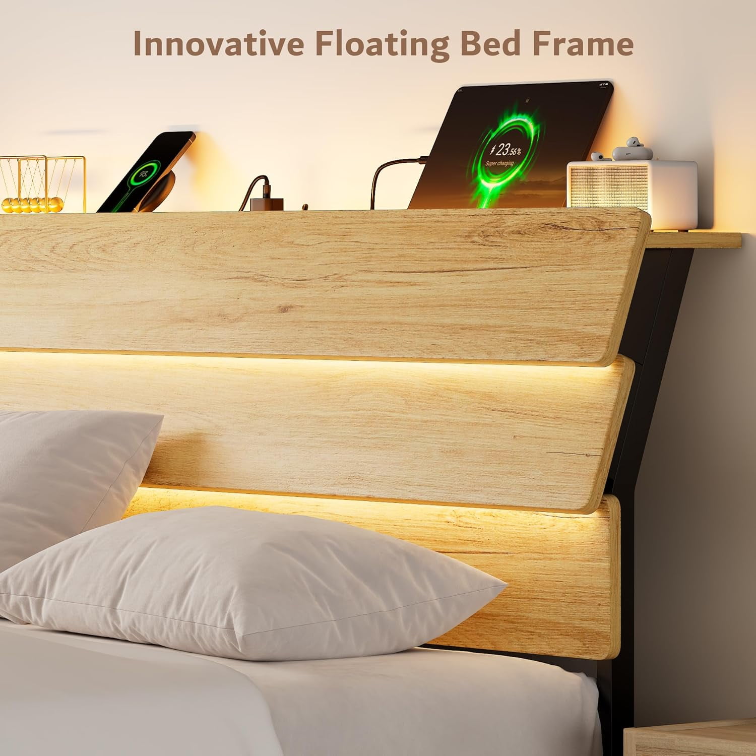 Galnfu Floating Full Size Bed Frame with LED Light and USB Port Charging Station, Platform Bed with Wooden Storage Headboard, Sturdy Steel Slats,Easy to Assemble, Oak