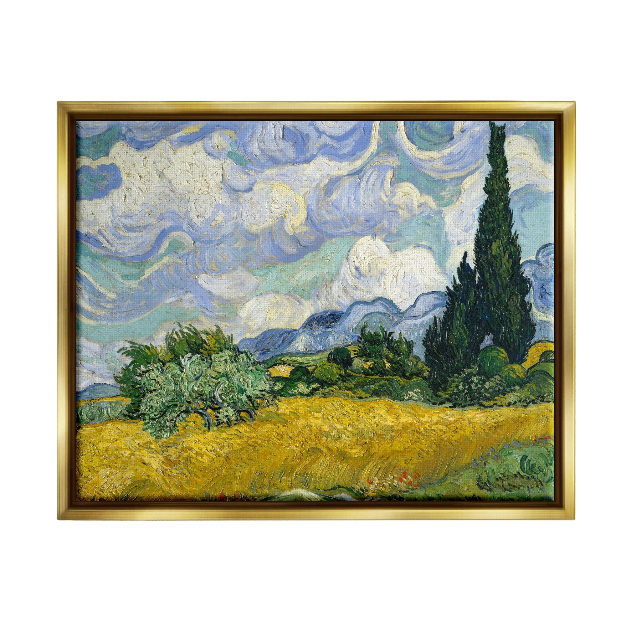 Stupell Industries Van Gogh Wheat Field with Cypresses Post Impressionist Painting Metallic Gold Framed Floating Canvas Wall Art, 16x20, by Vincent Van Gogh
