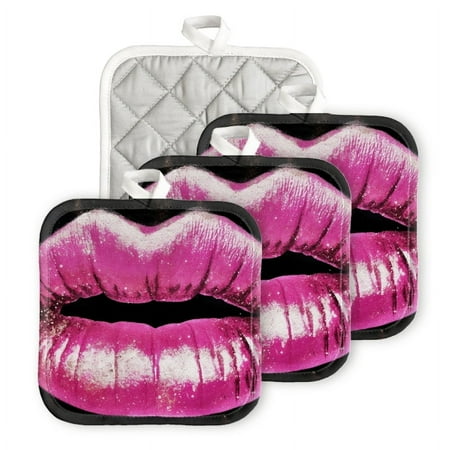 

Bahomeck Pot Holder 4Pcs Pink Lips With Glitter On Black Background Square Heat Resistant Hot Pads For Kitchen Cooking Oven With Hanging Loop Potholder Easy To Store