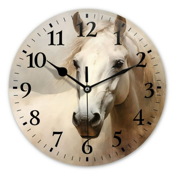 Non-Ticking Silent Wall Clocks Battery Operated Personalized Decor Clock for Bathroom,Office-Majestic White Horse With Flowing Mane（10inch）