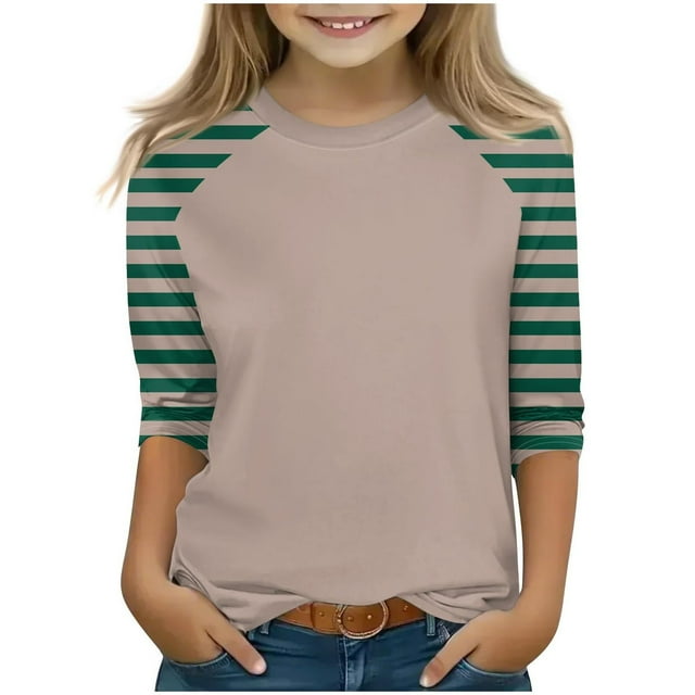 zbxnLI Girls 3/4 Sleeve Tops Color Block Striped Crewneck T-Shirts Little Girls Fall Tees Tops