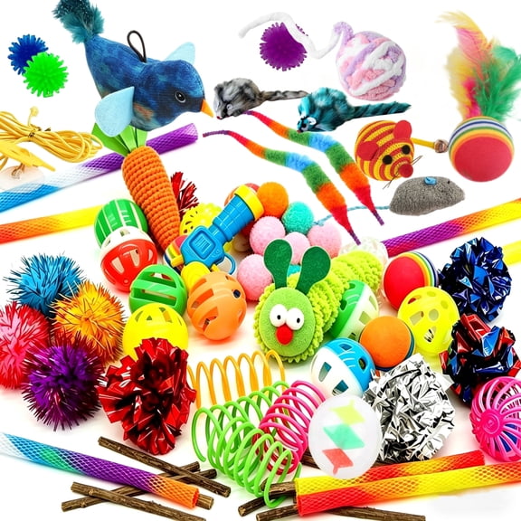QOPR 48 Pcs Cat Toy Variety Pack, Interactive Kitten Toys and Cat Toys for Indoor Cats with Feather Mice, Crinkle Balls, Springs & Bells