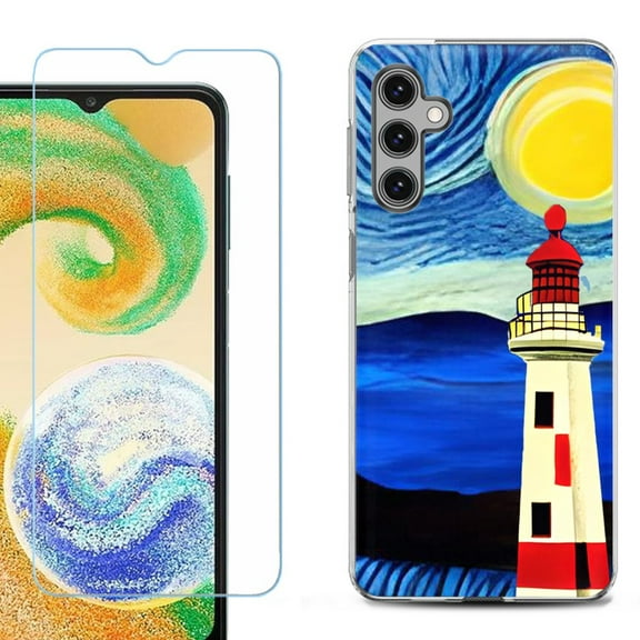 Shockproof Fashion Phone Case for Samsung Galaxy A13 5G, with Tempered Glass Screen Protector, by OneToughShield ® - Starry Night Lighthouse