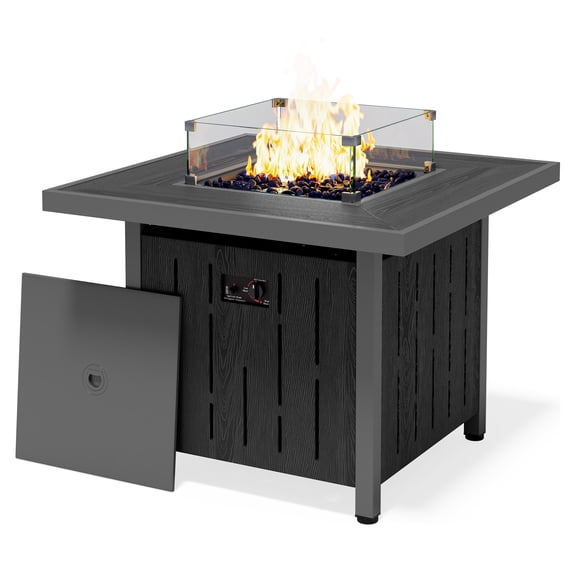 SERWALL Propane Fire Pit Table, 33 Inch Square Outdoor Fire Table with Lid, 50,000 BTU Gas Fire Pit Table with Glass Wind Guard, HDPE Outdoor Fireplace for Patio, Black