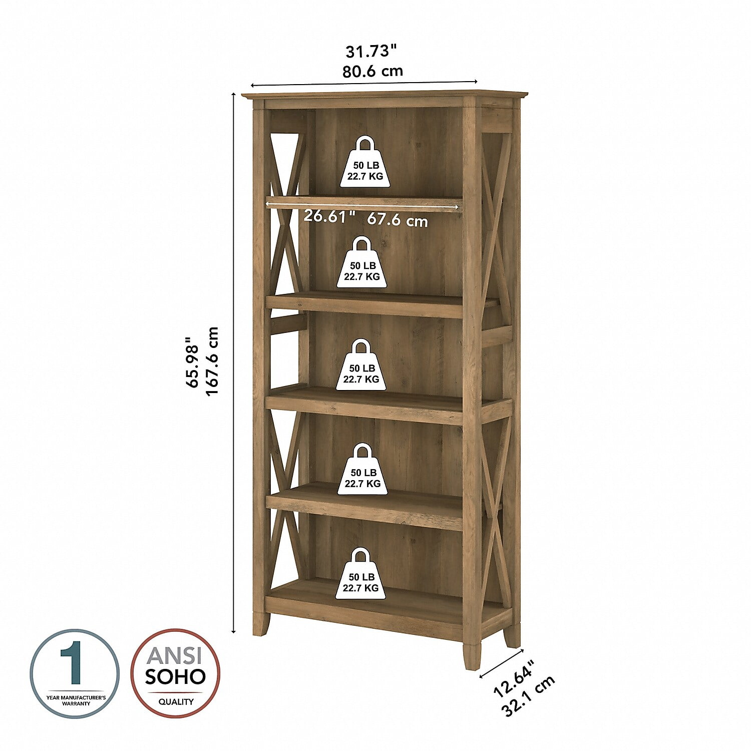 Bush Furniture Key West Tall 5 Shelf Bookcase, Reclaimed Pine