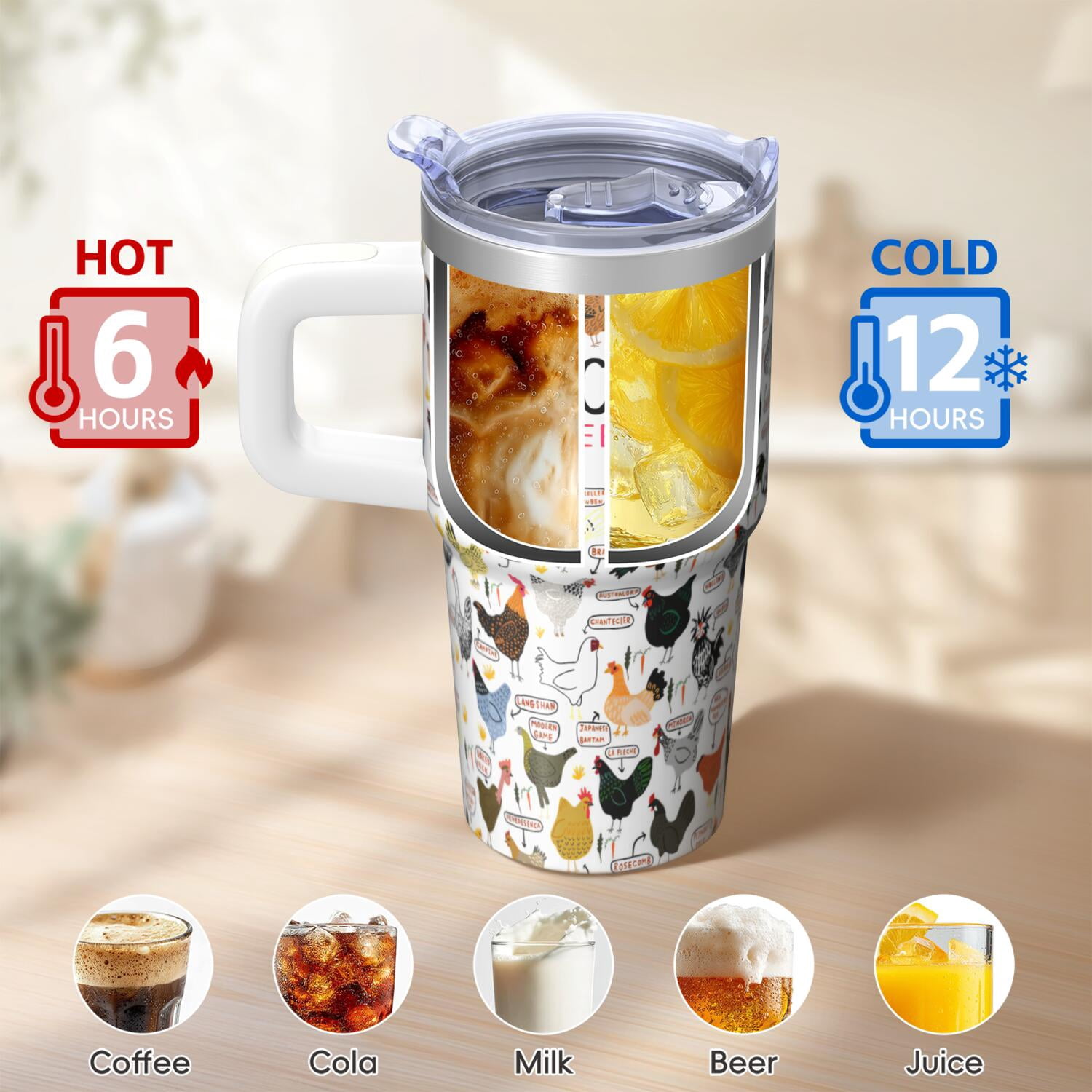 20oz Poultry Chicken Tumbler with Handle Insulated Travel Mug Classic Birthday Christmas Gift for Chicken Enthusiasts Women Men Cup Holder Friendly Wide Mouth for Ice Hot Coffee Cold Water All Day