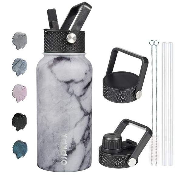 BJPKPK Insulated Water Bottles with Straw Lid 27oz Stainless Steel Water Bottle with 3 Lids Leak Proof BPA Free Metal Thermos Mug Sports Water Bottle Keep Cold & Hot- Carrara Marble