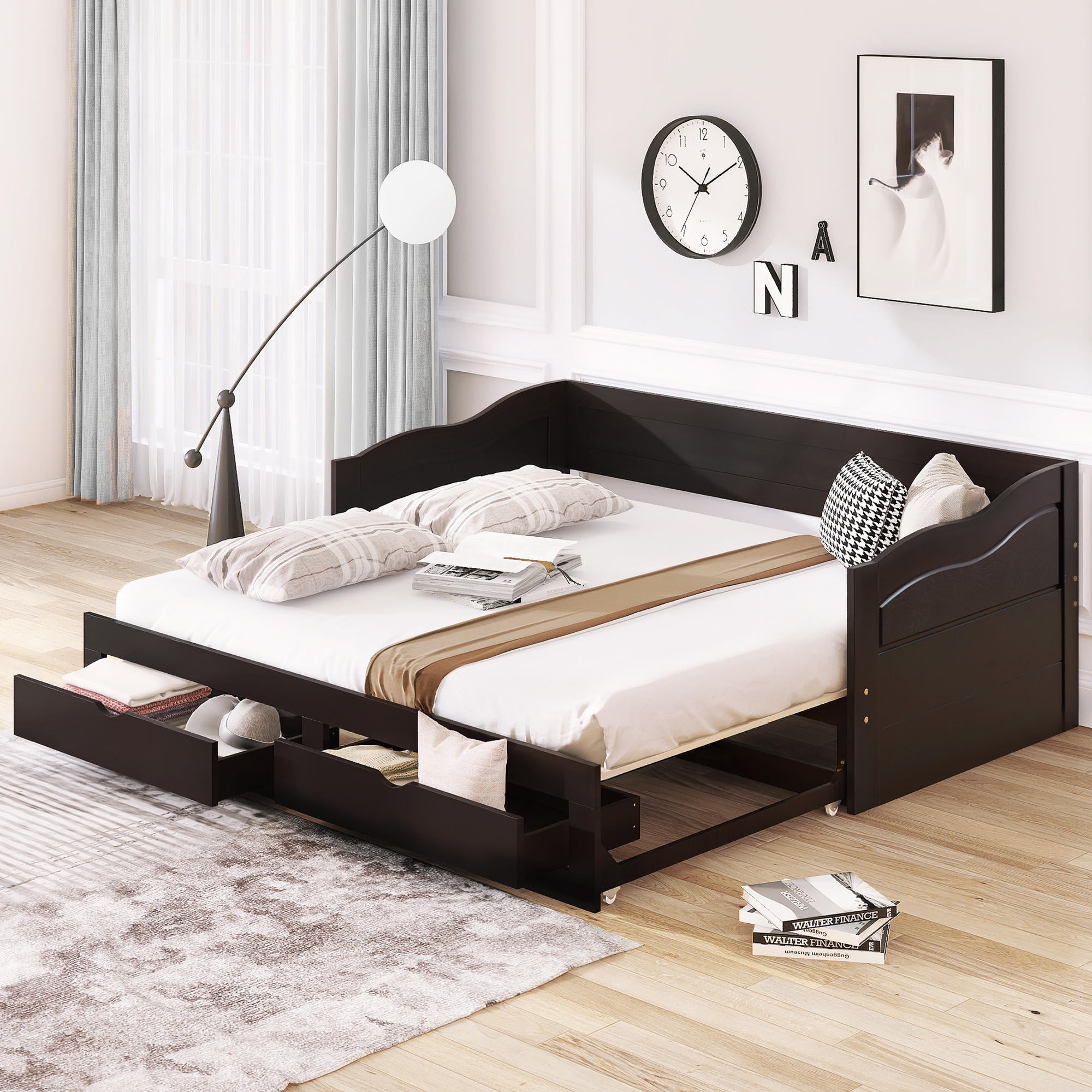 median Klappe Grunde Wooden Daybed with Pop Up Trundle Bed and Two Storage Drawers, Extendable  Bed Daybed Twin to King, Sofa Bed, Wooden Sofa Bed Frame for Bedroom Living  Room, No Box Spring Required, Expresso -