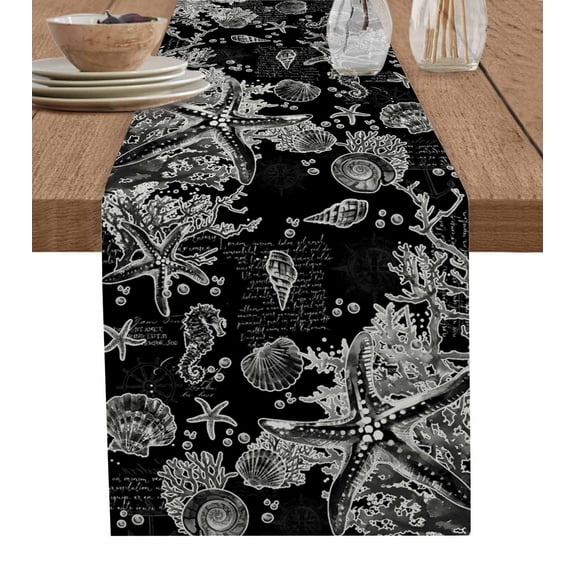 ERUNPONLY Black Coastal Starfish Table Runner - 108 Inch Long Vintage Coral Seahorse Shell Cotton and Linen Blended Dress Scarves Farmhouse Table Runner for Kitchen Dining, Coffee Table, 13" x 108"
