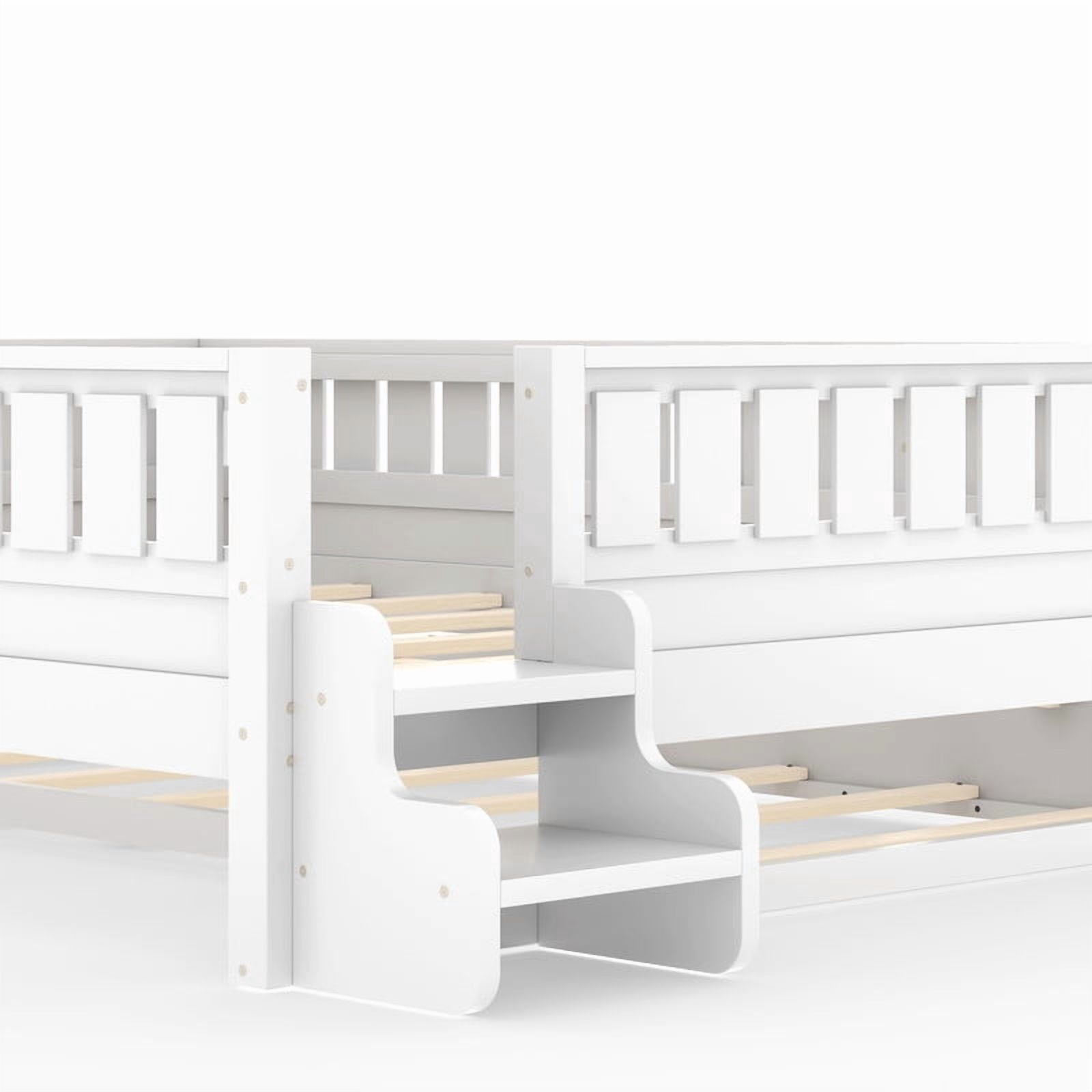 Queen Size Low-Profile Kid's Platform Bed with Built-in Bookshelves & Small Staircase, Wooden Bed Frame with Safety Rails & Trundle
