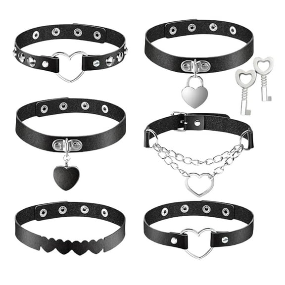 6 Pcs Halloween Choker Necklace Set, Edgy Heart-shaped Goth Collar, Adjustable Black PU Leather & Alloy Punk Accessories for Party, Daily Wear