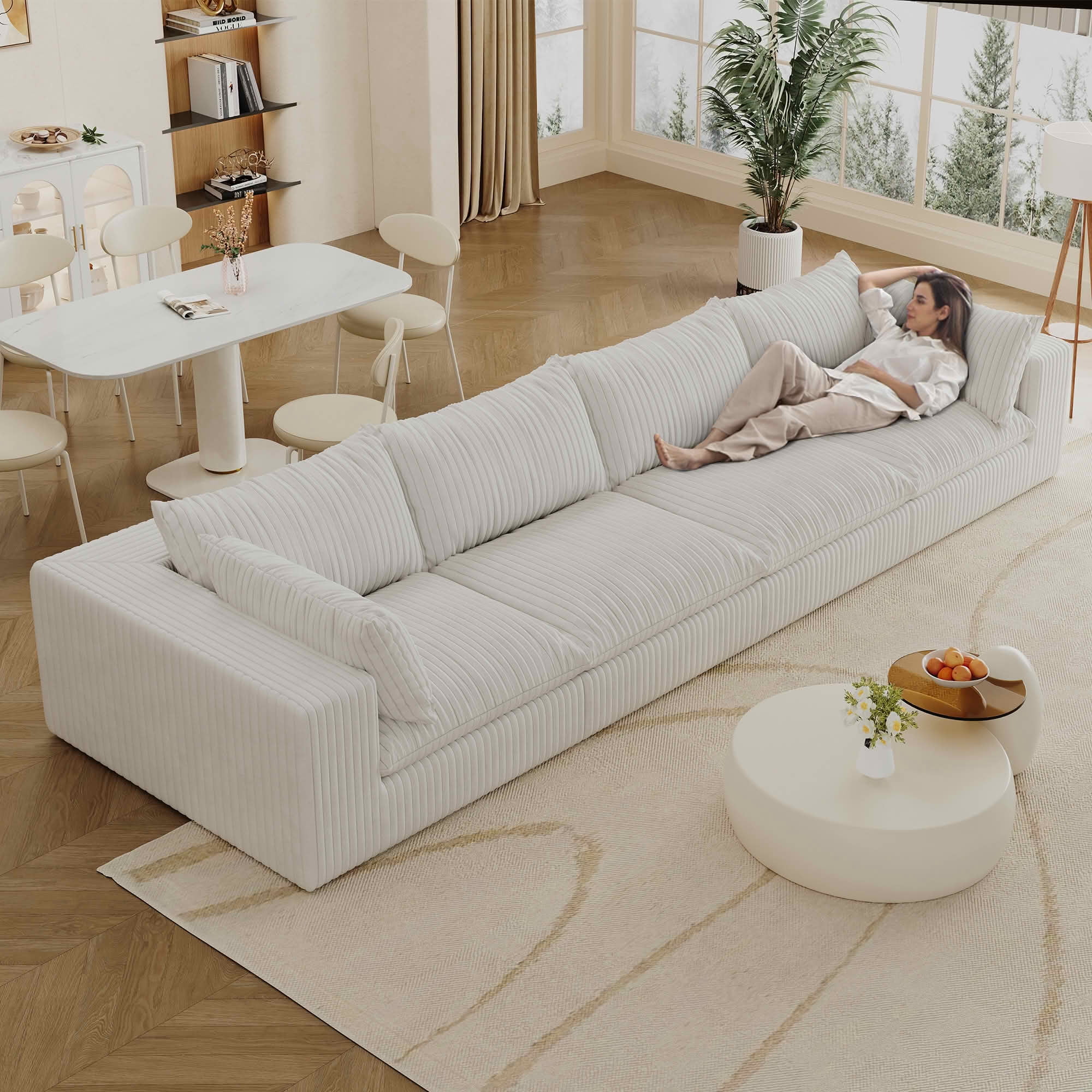 MAYEERTY 157.6" Cloud Corduroy Sofa, Deep Seat Double-Layer Design, Removable Cushion No Assembly, DIY Combination, White