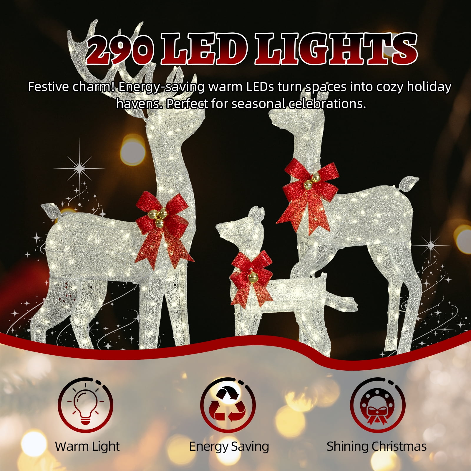 Astoutdoor 3-Piece Lighted Christmas Reindeer Family Set, Pre-Lit 290 LED Warm White Lights, Weather-Resistant Outdoor Holiday Decoration, White