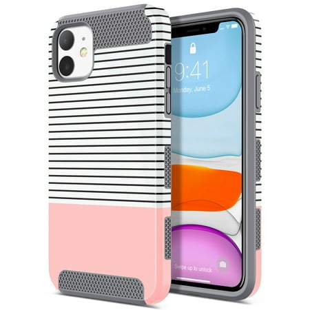 iPhone 11 Case, ULAK Stylish Slim Fit Hybrid Dual Layer Protective Flexible Shock Proof TPU Bumper Hard PC Back Cover for Apple iPhone 11 6.1 Inch (Rose Gold Stripes)