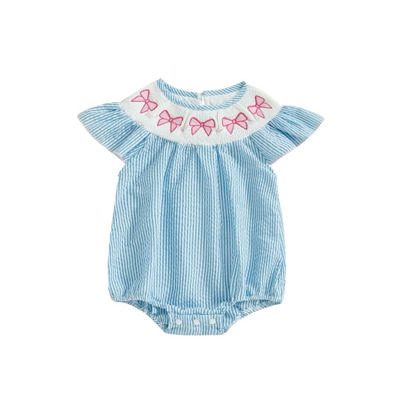 Gupgi Blue Stripe Bodysuit for Baby Girls Smocked Bubble Romper Fly Sleeve Crew Neck Embroidery Bow Infant Jumpsuits