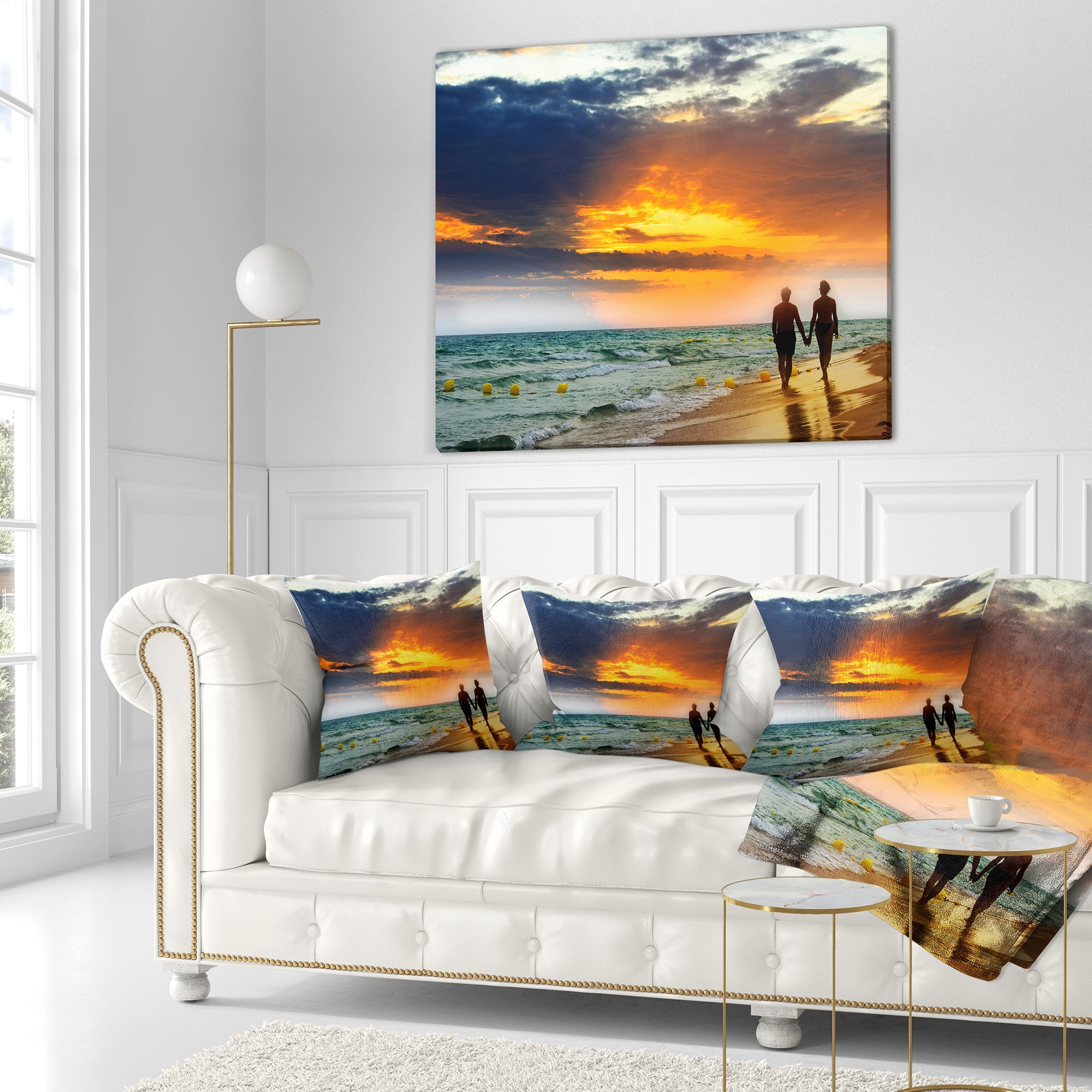 Designart Lovers at Beach - Seashore Photography Throw Pillow - 16x16