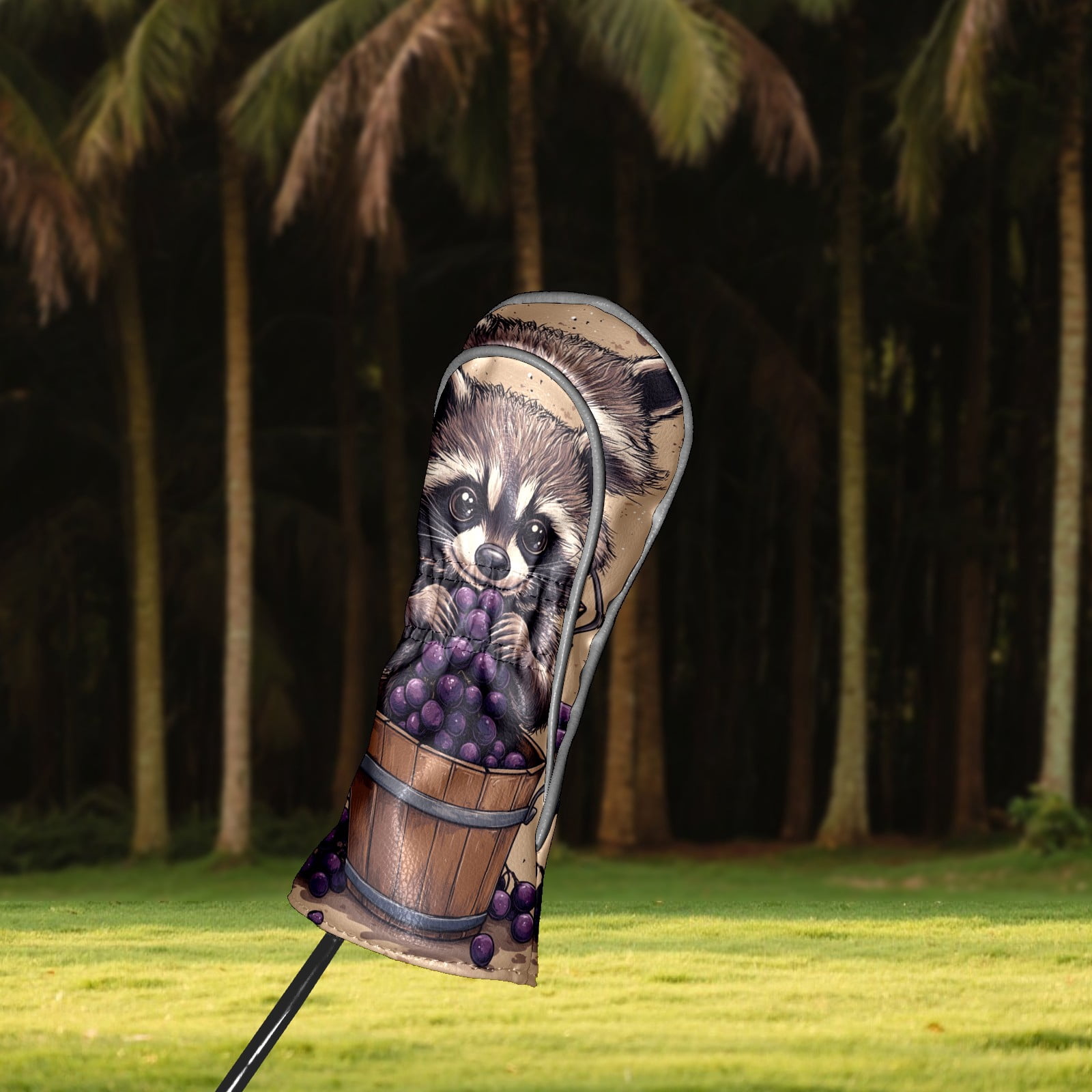 Golf Club Covers PU Leather Waterproof Head Covers for Fairway Woods Hybrids Brown Raccoon Grapes