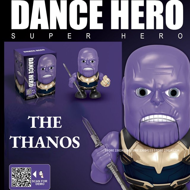 robot de marvel de baile kawaii, figura de acción de iron man, spiderman, hulk, thor, regalo meme, juguete para niño y niña figura de Thanos bailarín de 19 cm, vista frontal y 3/4 con casco morado y armadura dorada y azul, plástico moldeado visible, sostiene un accesorio tipo bastón, caja "Dance Hero" incluida, funciona con 3xAA (pilas no incluidas), sin control remoto; recomendado 7+ y contiene piezas pequeñas; a menudo usado como figura de exhibición en colecciones.