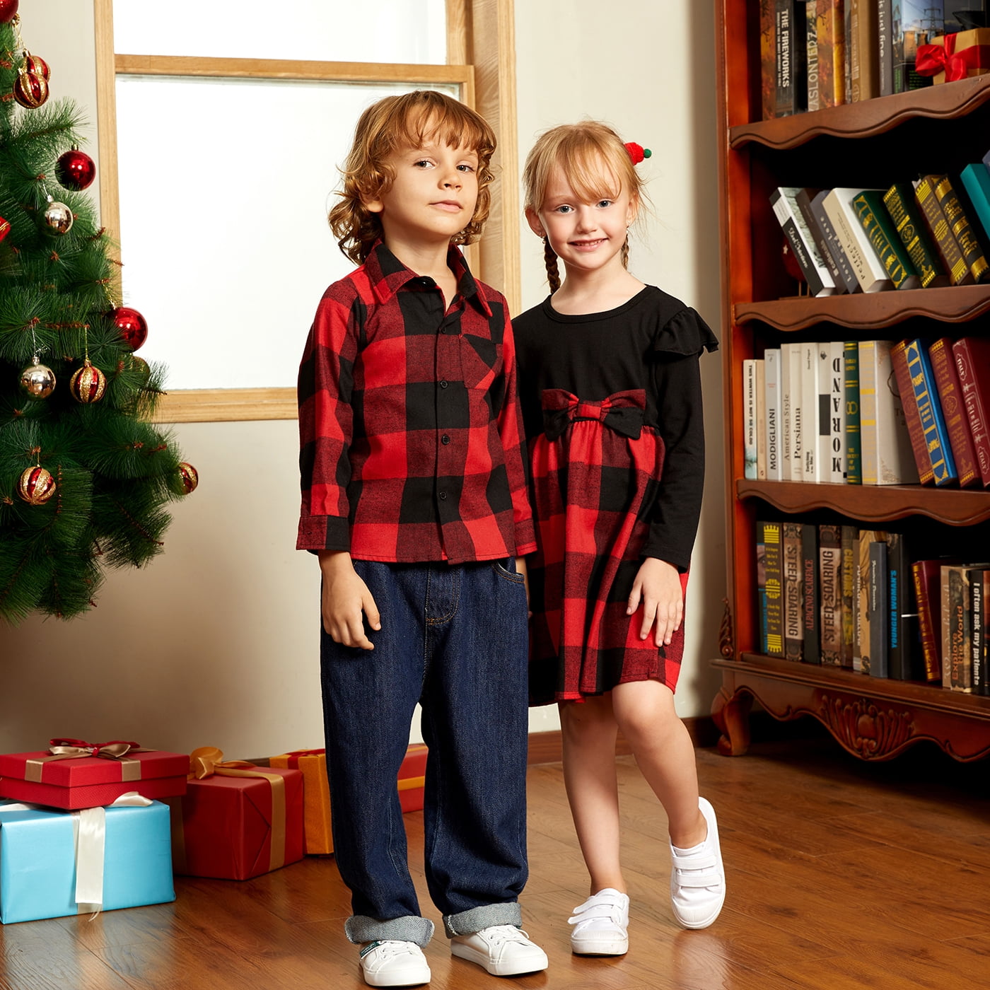 Family Matching Plaid Lapel Short-sleeve Dresses and Splicing Polo Shirts Sets