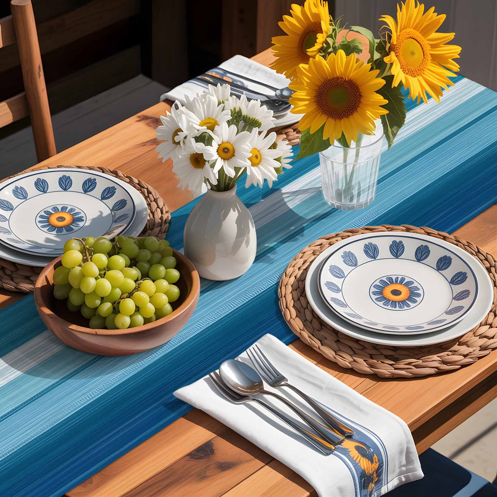 Blue White Gradient Ocean Wave Table Runner 90 Inches Long, Abstract Geometric Line Table Runners Tabletop Scarf Kitchen Dining Tables Decoration for Home Party Indoor Outdoor