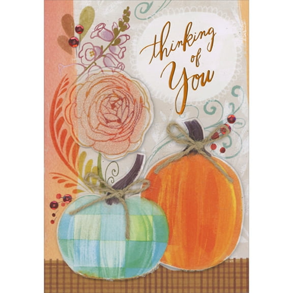 Designer Greetings Sparkling Pink 3D Flower, 3D Pumpkins, Twine and Sequins Hand Decorated Thinking of You Thanksgiving Card