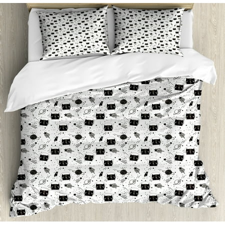 Doodle Queen Size Duvet Cover Set, Cats in Outer Space with Constellation Stars Baby Childish Humor Kids Nursery, Decorative 3 Piece Bedding Set with 2 Pillow Shams, Black and White, by Ambesonne