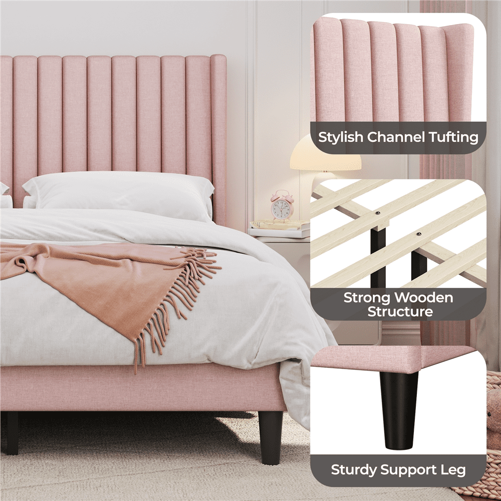 Renwick Upholstered Platform Bed Frame with Channel Tufted Headboard, Queen, Pink