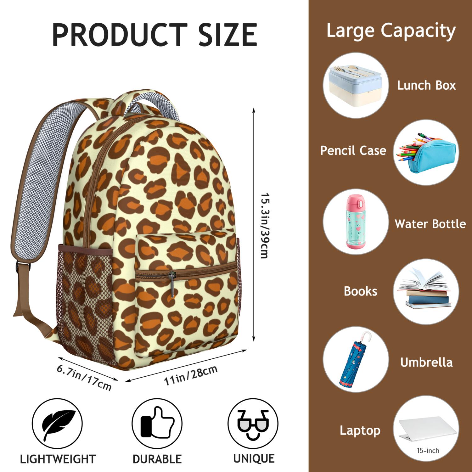 Leopard Print Backpack for School,Cute School Bag,Schoolbag with Adjustable Shoulder Straps & Padded Back,15.3"x11"x6.7"