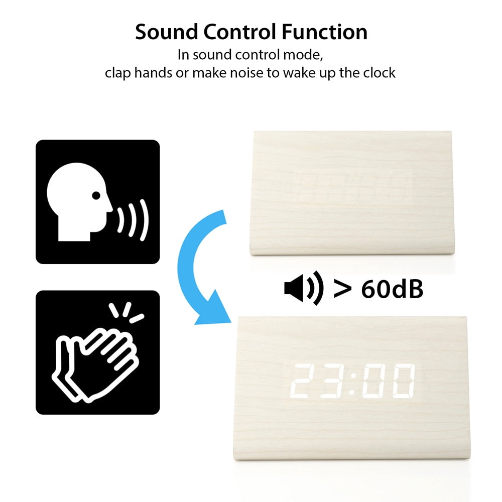 Wooden Wood Clock New LED Alarm Desk Clock Displays Time Date Temperature - White