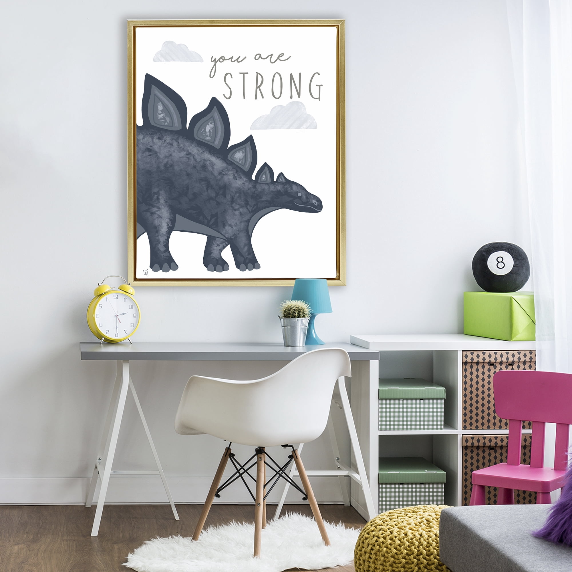 Stupell Industries You Are Strong Dinosaur Gold Framed Floater Canvas Wall Art, design by Elizabeth Tyndall