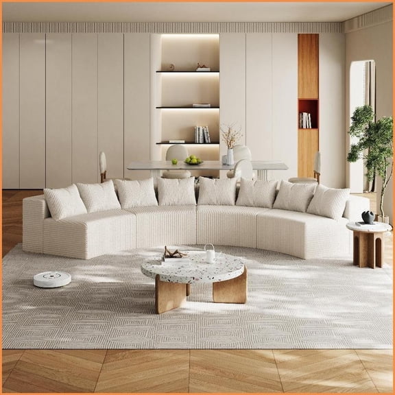 Corduroy Modular Curved Sectional Sofa - 4 Modules with 8 Pillows for Living Room Bedroom Office | Cushion Back | Square Arms | Off-White