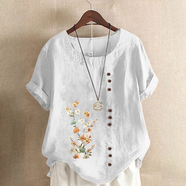Pisexur Womens Tops et Blouses 2024 Coton Lin Manches Courtes Blouse Basique Col Rond Été Décontracté Tops Coupe Ample Fleur Surdimensionné Grande Taille Tops