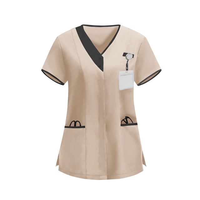 Blusas médicas para mujer, modernas, con bloques de color, de manga corta, informales, con cuello en V y botones, con bolsillos