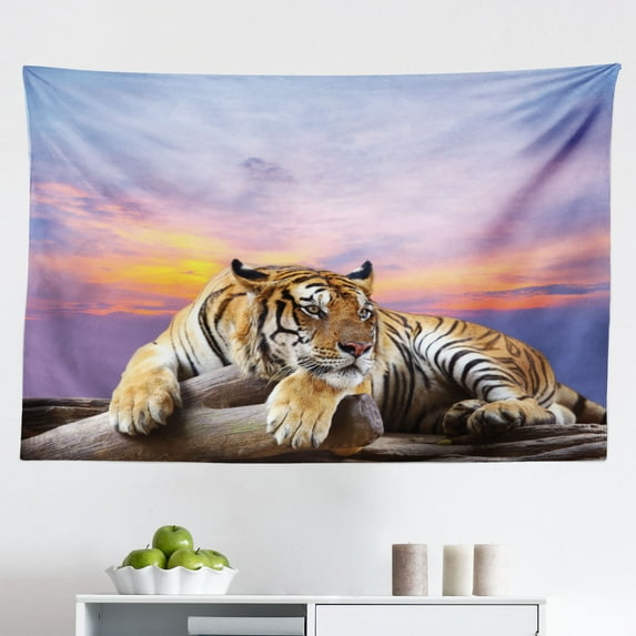 Safari Tapestry, Siberian Tigers in Water Waterfall Pool Woodland Swimming Natural, Fabric Wall Hanging Decor for Bedroom Living Room Dorm, 2 Sizes, Reseda Green Orange, by Ambesonne