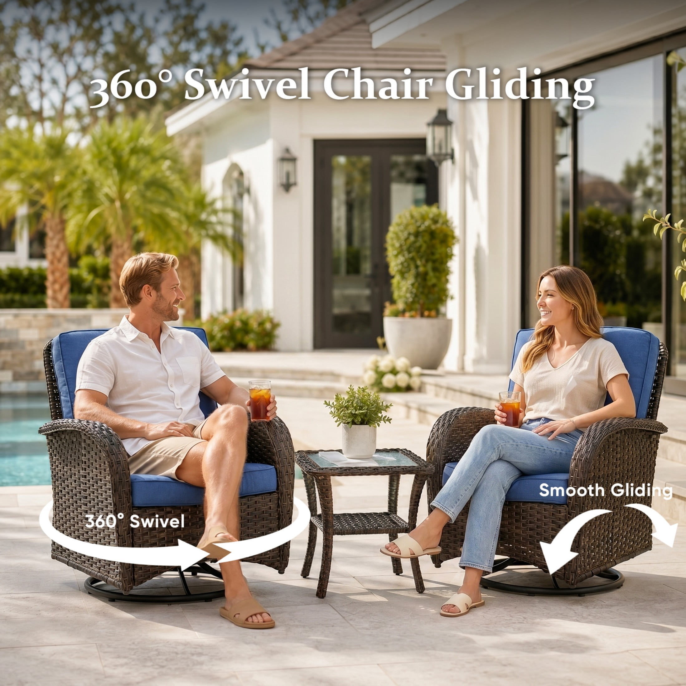 Unnifurnzi 5 Pieces Outdoor Wicker Patio Furniture Set-High Back Outdoor Rocking Chairs Set of 2 with Ottoman Patio Conversation Sets for Deck Lawn Porch Balcony Poolside-Brown/Blue