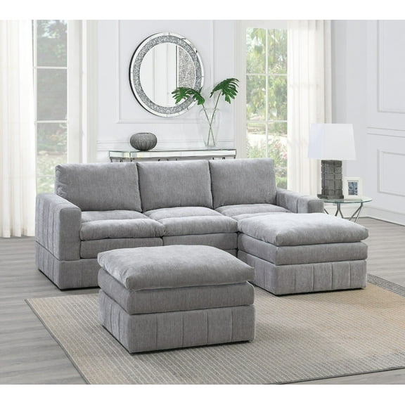 Granite Morgan Fabric Plush Cushion Couch 5pc Modular Sectional Set 2x Corner Wedge 1x Armless Chair 2x Ottomans Living Room